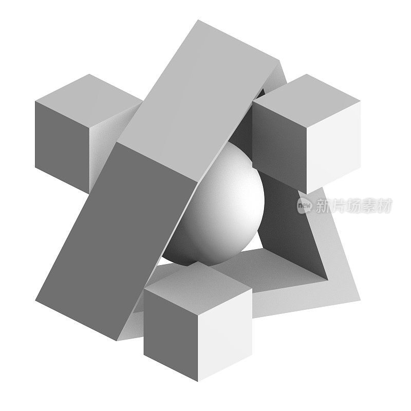 3 d几何组成。抽象的建筑设计。黑白3D渲染的现代雕塑在白色的背景。